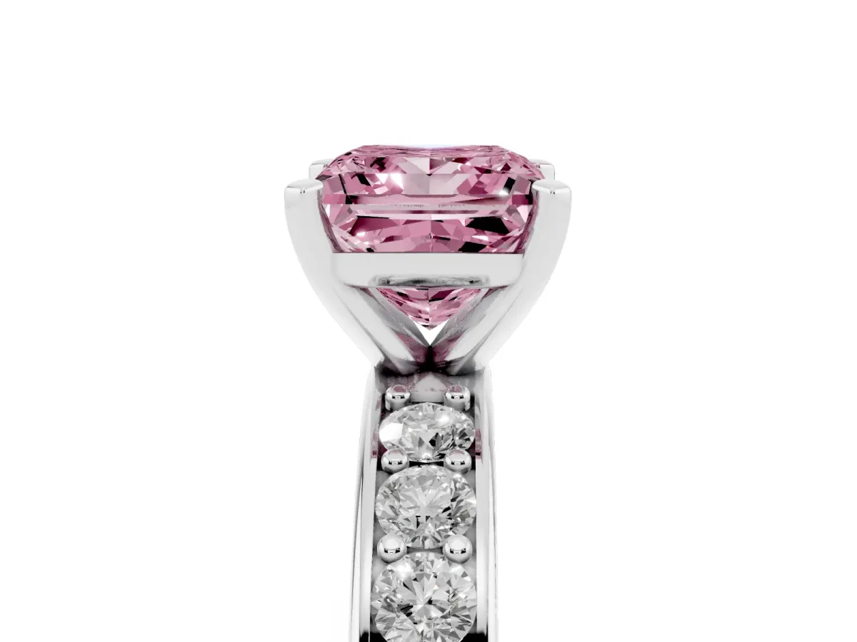 Fancy Pink Princess Cut Diamond Engagement Ring with Channel Set Round Band and Prong Setting Silver