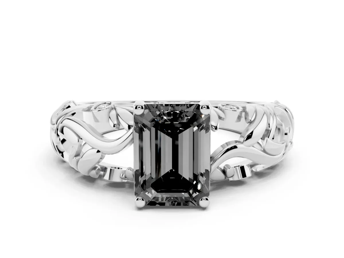 Fancy Black Emerald Cut Solitaire Diamond Leaf-Inspired Vine Band Ring with Prong Setting White gold