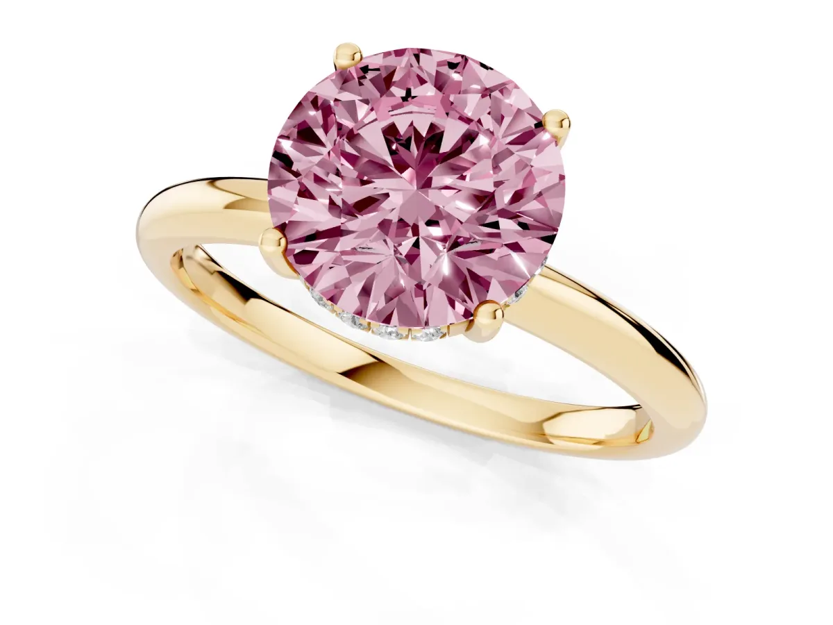 Fancy Pink Round Cut Cut Solitaire Engagement Ring with Four-Prong Setting and Classic Band Yellow gold