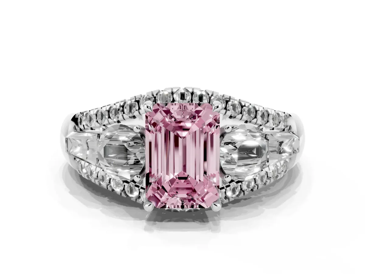 Fancy Pink Three-Stone Emerald Cut Diamond Engagement Ring with Pave Band and Prong Setting Silver