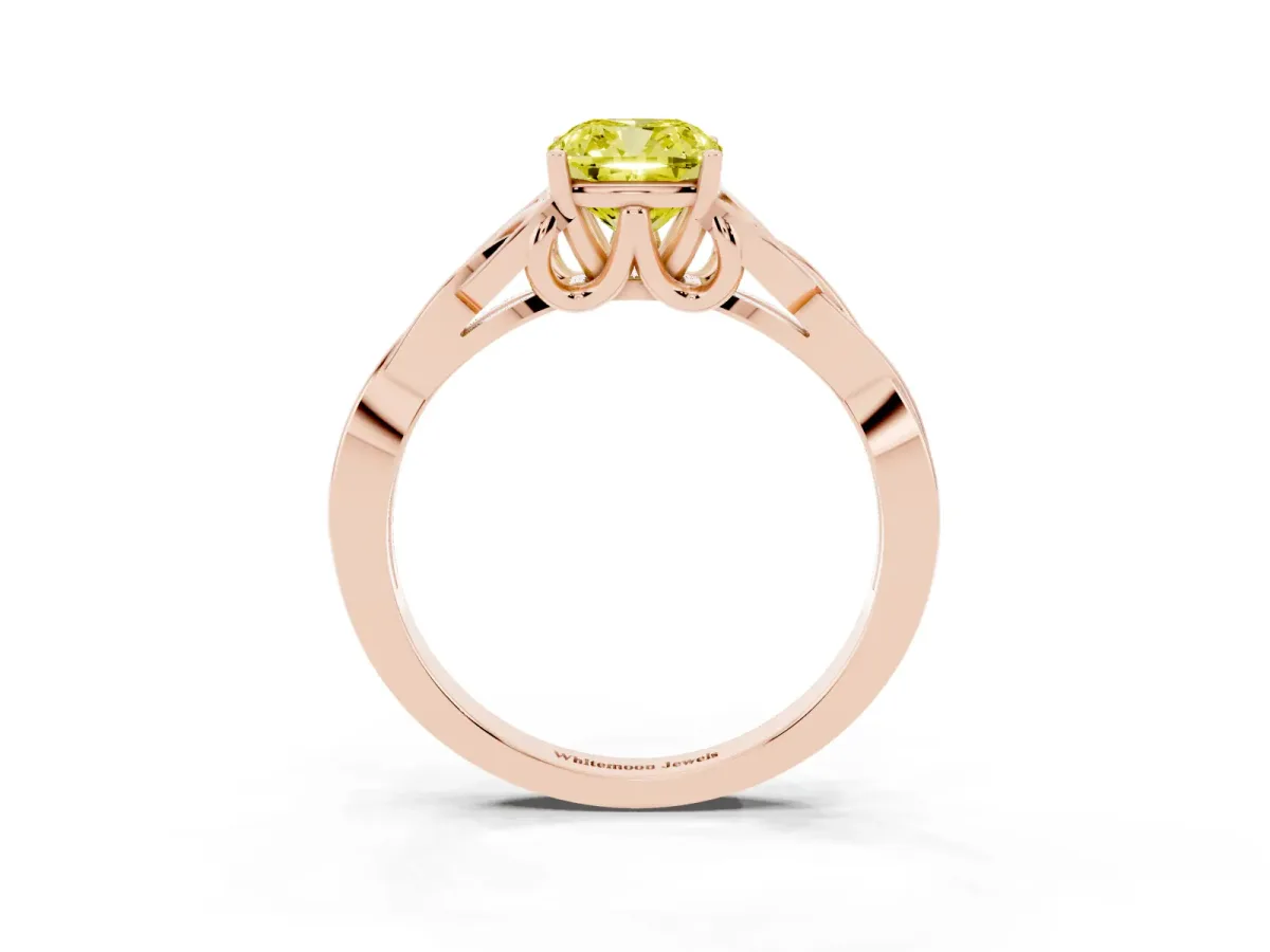 Fancy Yellow Cushion Cut Diamond Solitaire Engagement Ring with Celtic Knot Band and Four-Prong Setting Rose gold