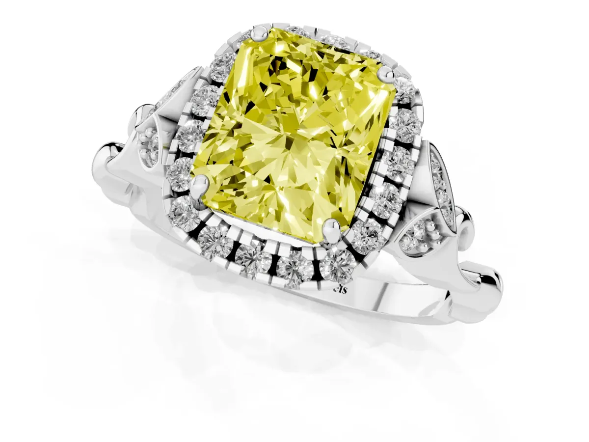 Fancy Yellow Radiant Cut Halo Diamond Engagement Ring with Vintage-Inspired Band and Four-Prong Setting White gold