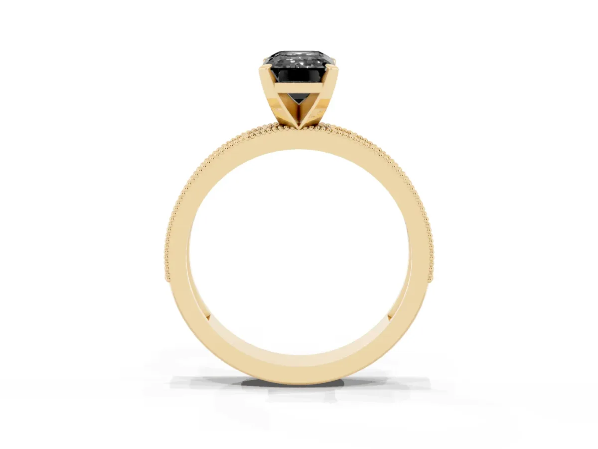 Fancy Black Emerald Cut Diamond Milgrain Pavé Engagement Ring with Four-Prong Setting Yellow gold