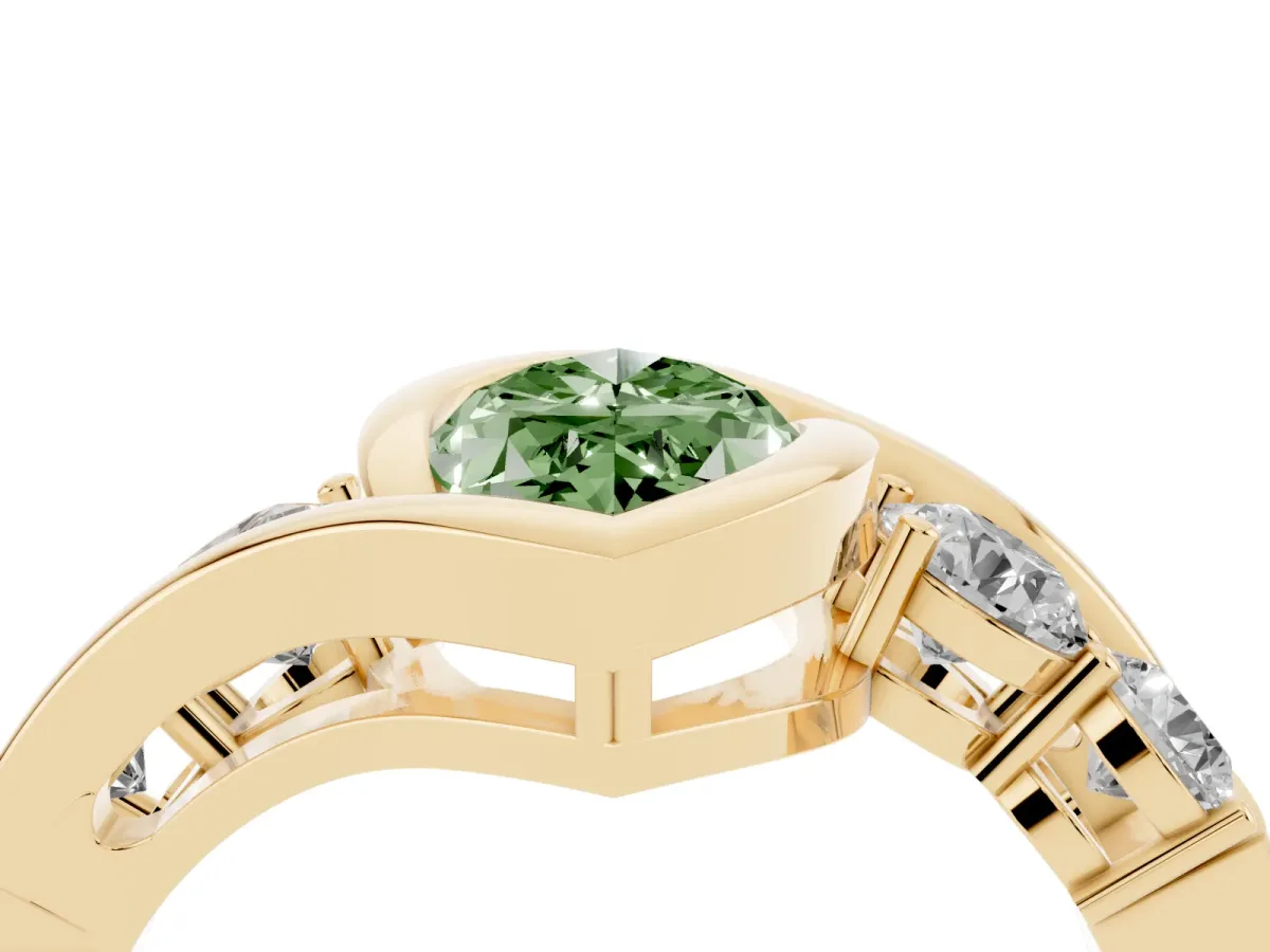 Fancy Green Bezel Set Marquise Cut Diamond Bypass Ring with Round Accents Yellow gold