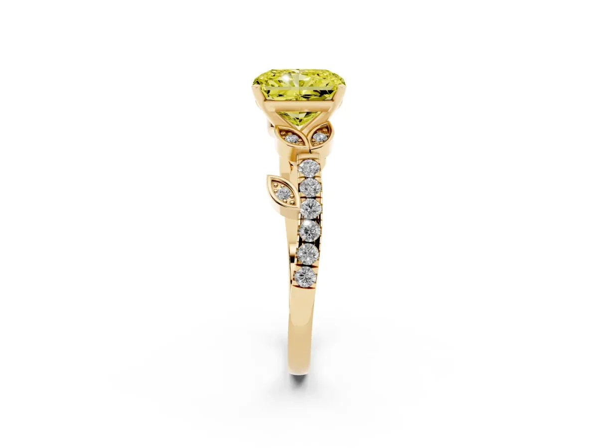 Fancy Yellow Radiant Cut Solitaire Leaf-Inspired Diamond Ring with Pavé Band and Four-Prong Setting Yellow gold