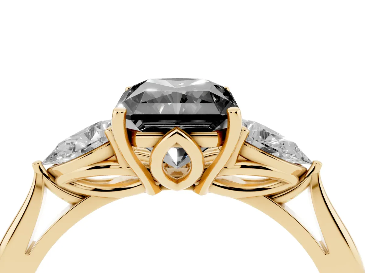 Fancy Black Three-Stone Radiant Cut Brilliant Diamond Solitaire Ring with Tapered Band and Four-Prong Setting Yellow gold