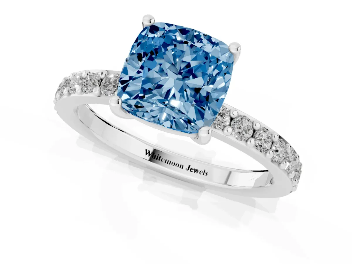 Fancy Blue Cushion Cut Cut Diamond Solitaire with Pave Band and Four-Prong Setting Silver