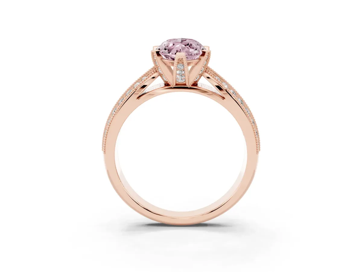 Fancy Pink Marquise Cut Diamond Solitaire Ring with Milgrain Round Pavé Band and Prong Setting Rose gold