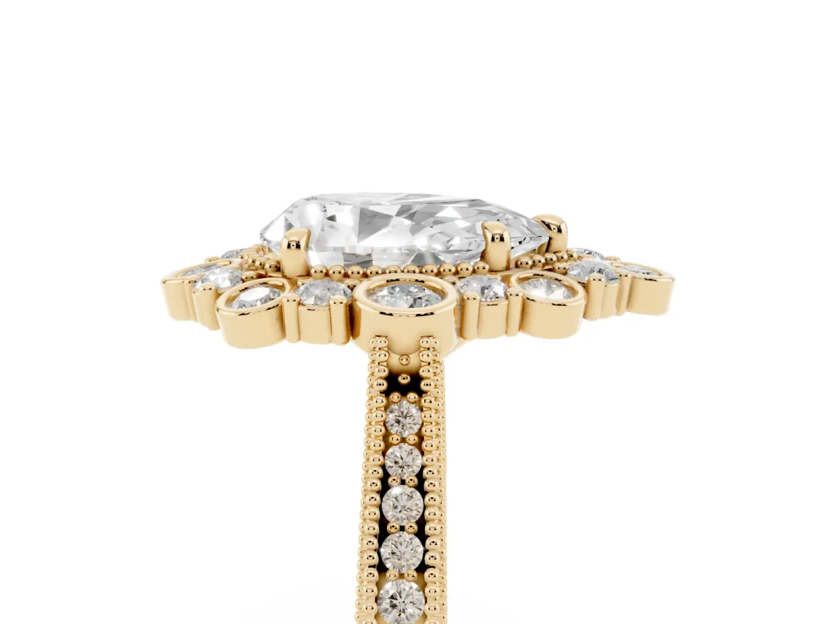 Pear Cut Halo Milgrain Pave Diamond Ring with Four-Prong Setting Yellow gold
