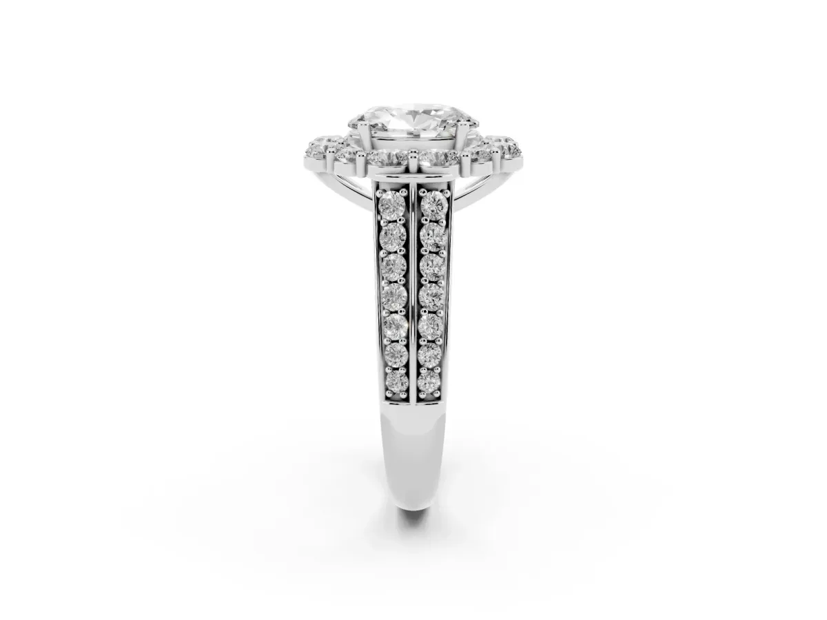 Oval Cut Halo Diamond Engagement Ring with Split Shank and Prong Setting Silver
