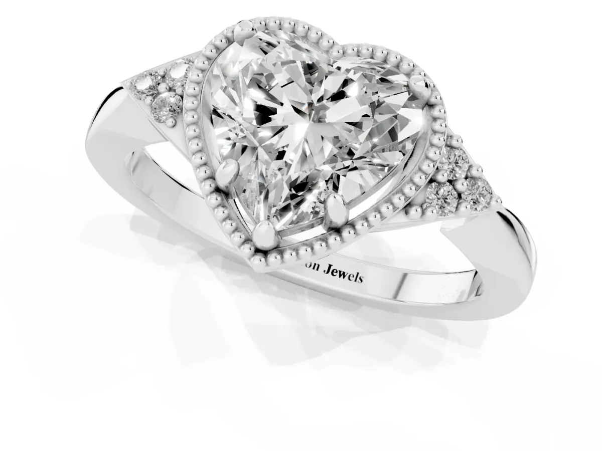 Hexagonal Halo Heart Cut Diamond Solitaire with Pavé Band and Four-Prong Setting Platinum