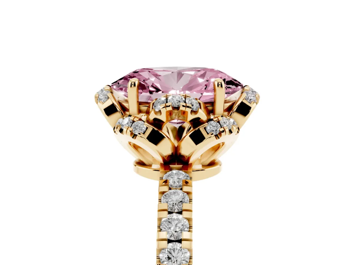 Fancy Pink Oval Cut Diamond Halo Pave Band with Four-Prong Setting Yellow gold