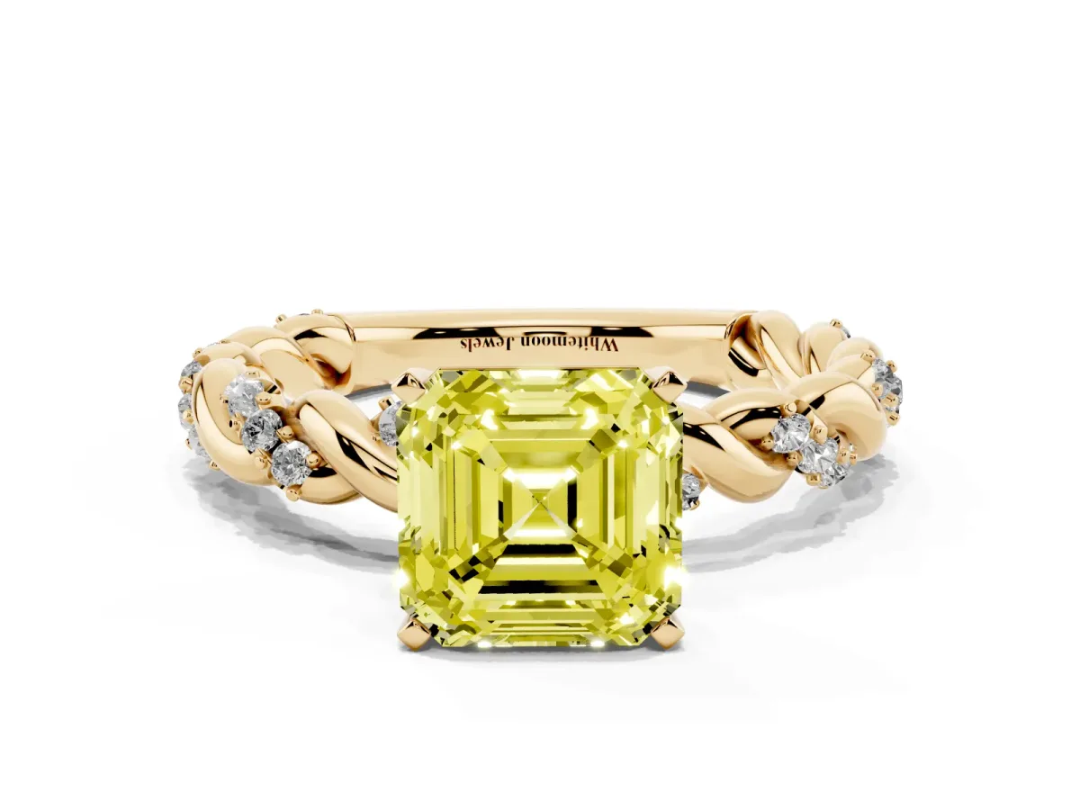Fancy Yellow Asscher Cut Diamond Solitaire Ring with Twisted Band and Pavé Accents Yellow gold