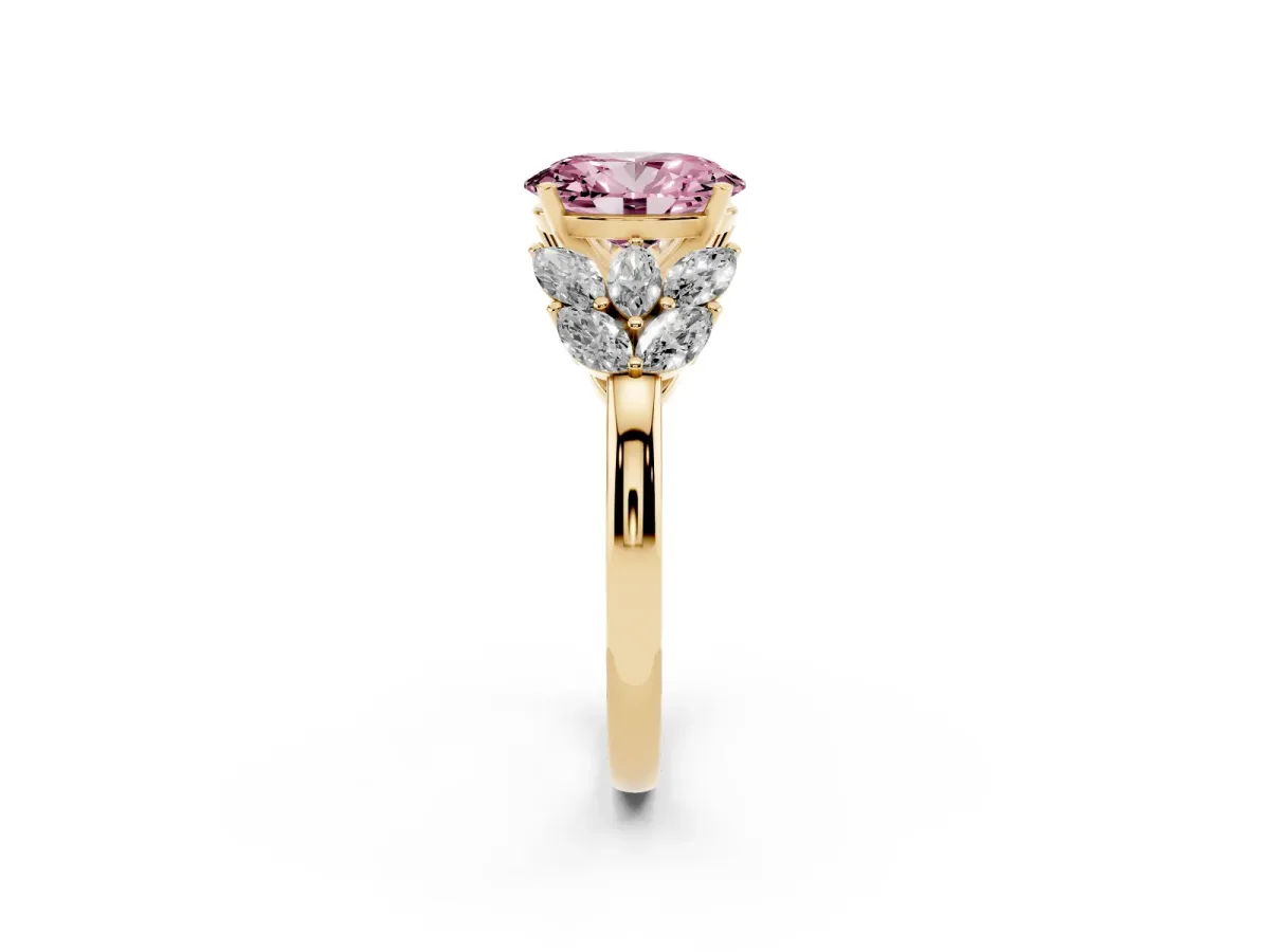 Fancy Pink Oval Cut Diamond Cluster Leaf Design Ring with Prong Setting Yellow gold