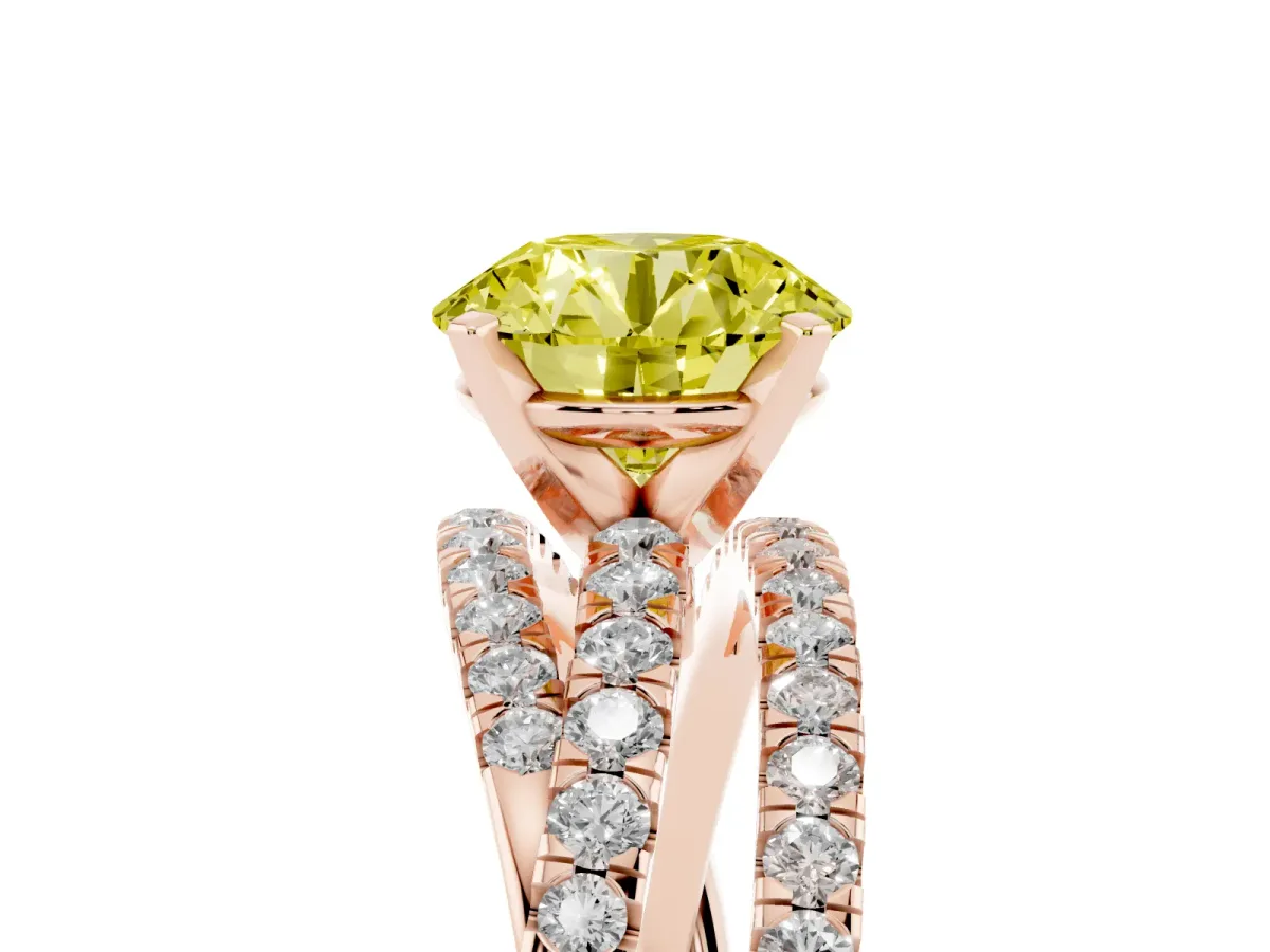 Fancy Yellow Round Cut Solitaire Twist Band with Pavé Setting and Four-Prong Setting Rose gold