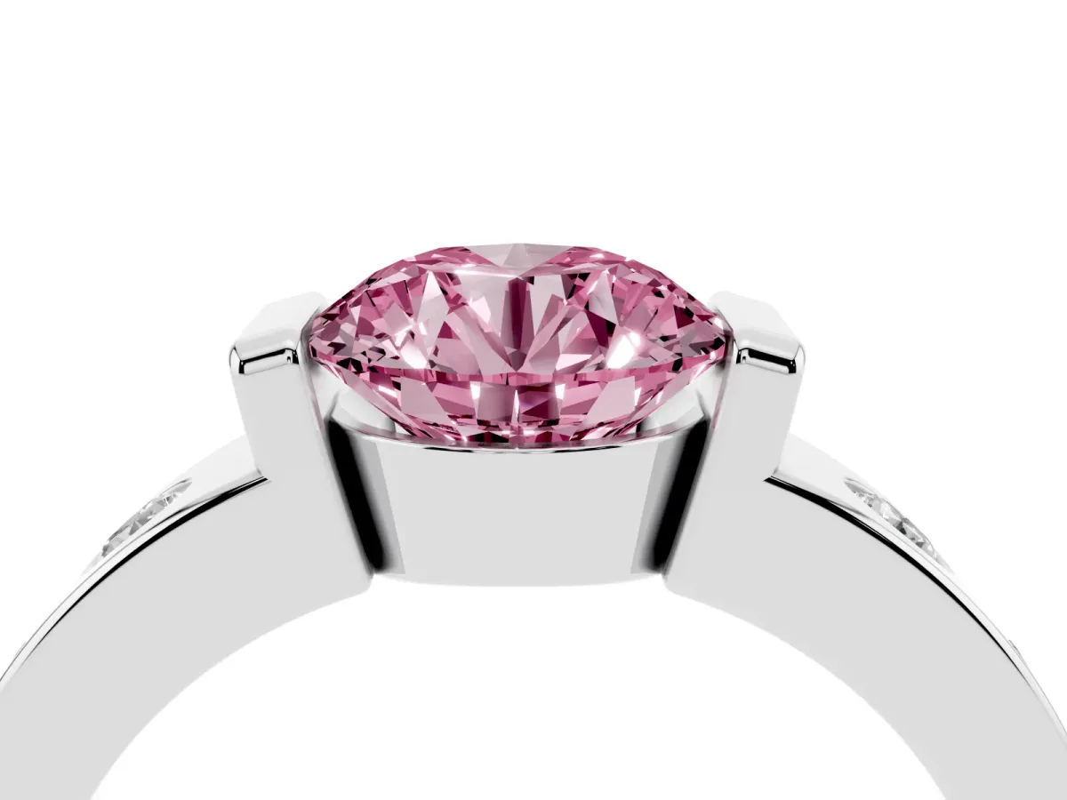 Fancy Pink Round Cut Brilliant Channel-Set Diamond Ring with Bezel Prong Setting Silver