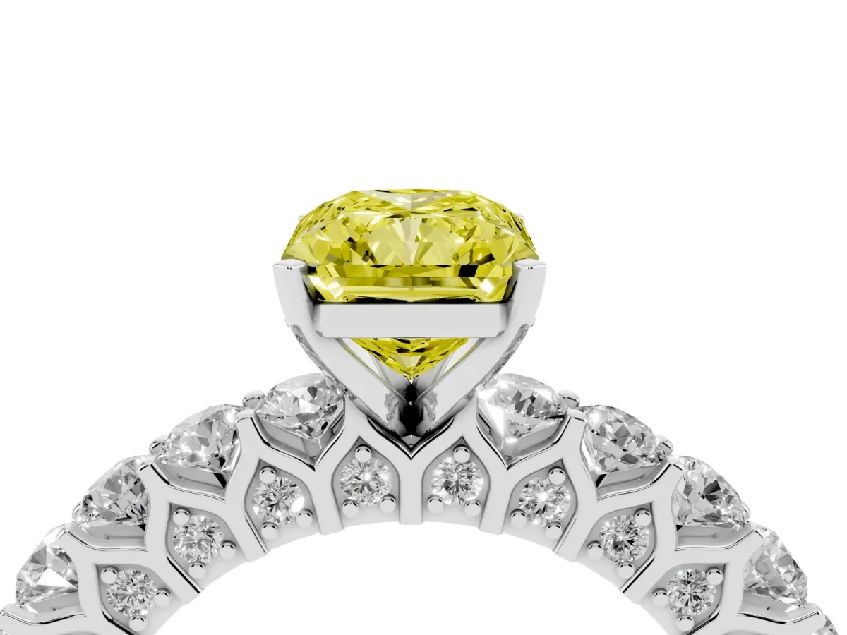 Fancy Yellow Radiant Cut Diamond Solitaire Ring with Shared Prong Pavé Band and Four-Prong Setting Platinum