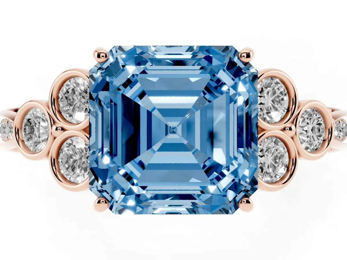 Fancy Blue Asscher Cut Cut Diamond Engagement Ring with Bezel Set Round Side Stones and Prong Setting Rose gold