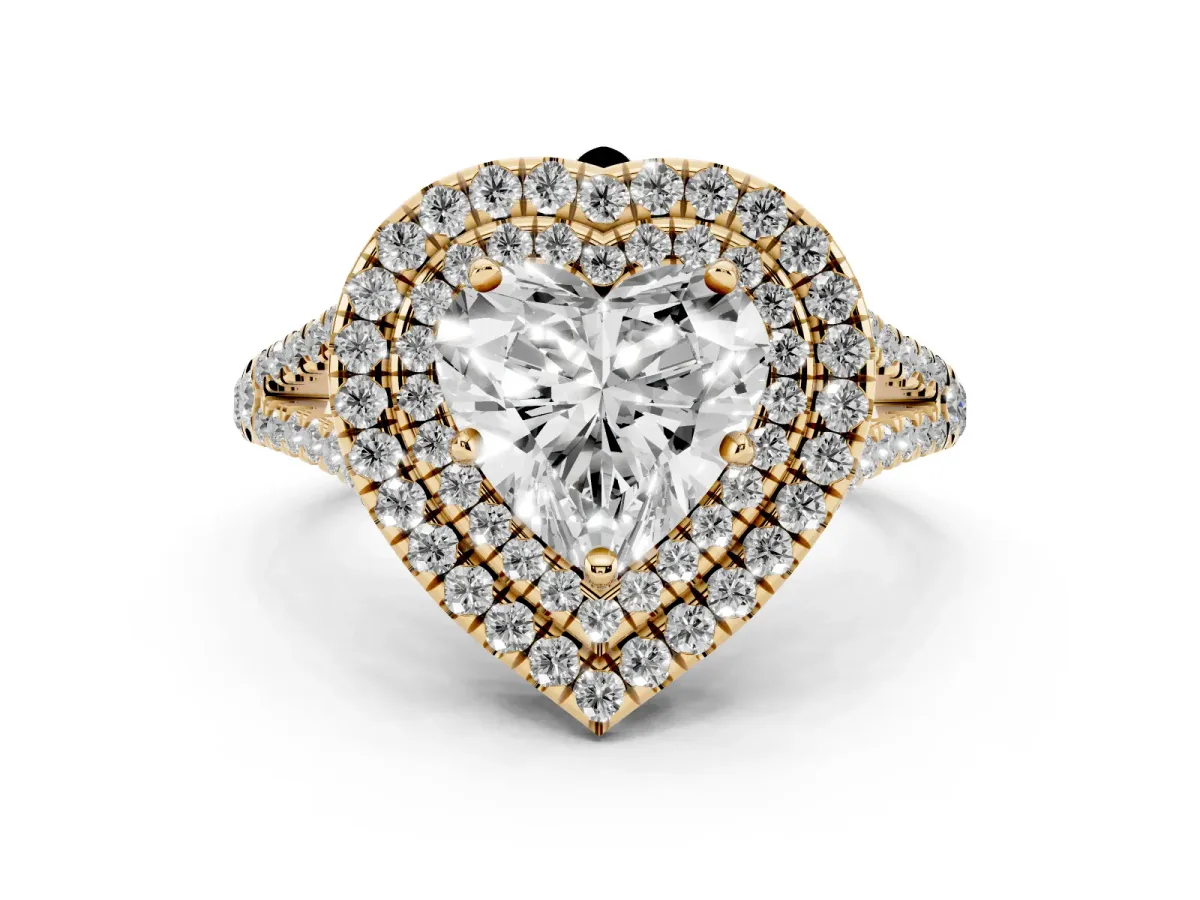Heart Cut Diamond Double Halo Ring with Pavé Band and Prong Setting Yellow gold
