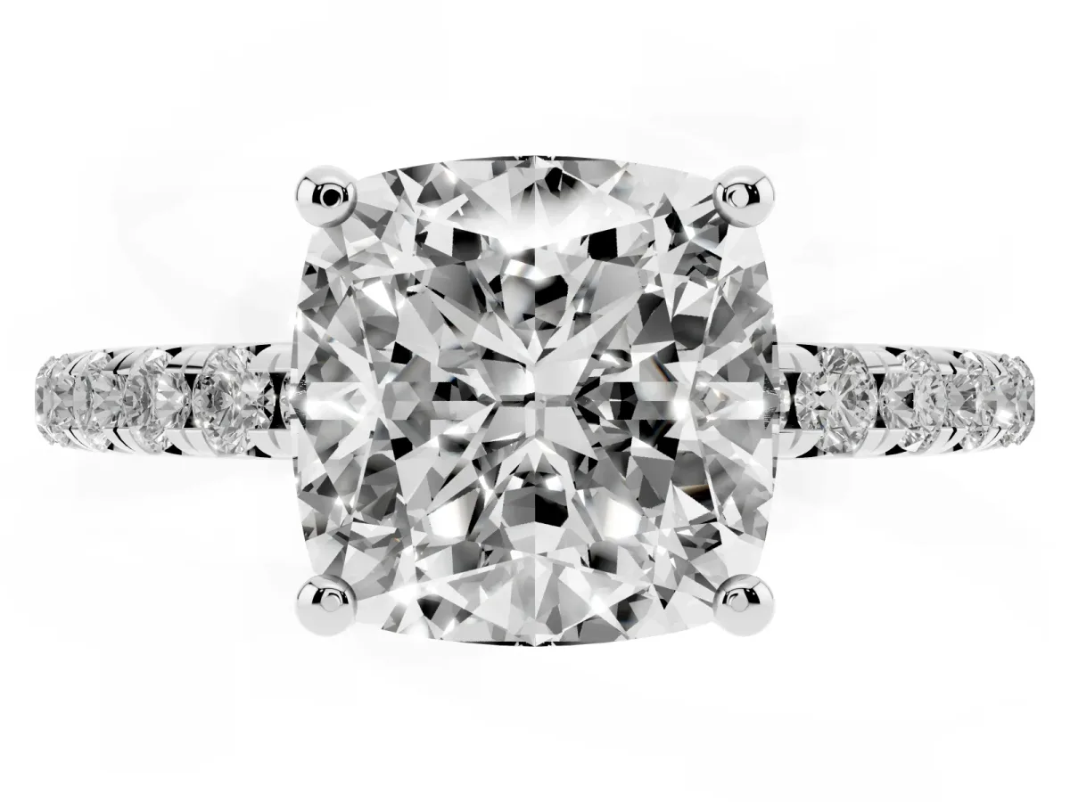 Cushion Cut Cut Diamond Solitaire Ring with Micro Pave Band and Four Prong Setting Silver