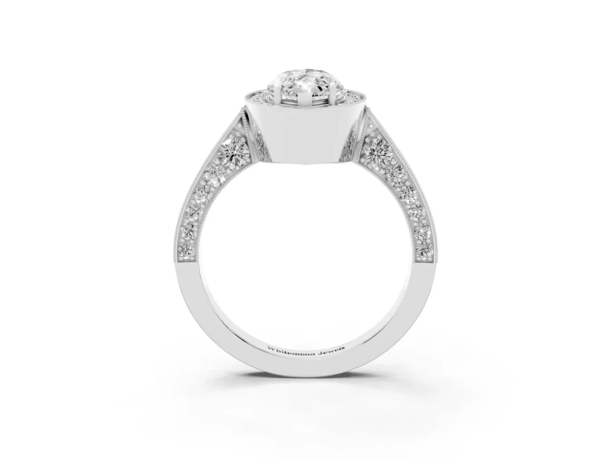 Marquise Cut Halo Diamond Engagement Ring with Split Shank Band and Four-Prong Setting Silver