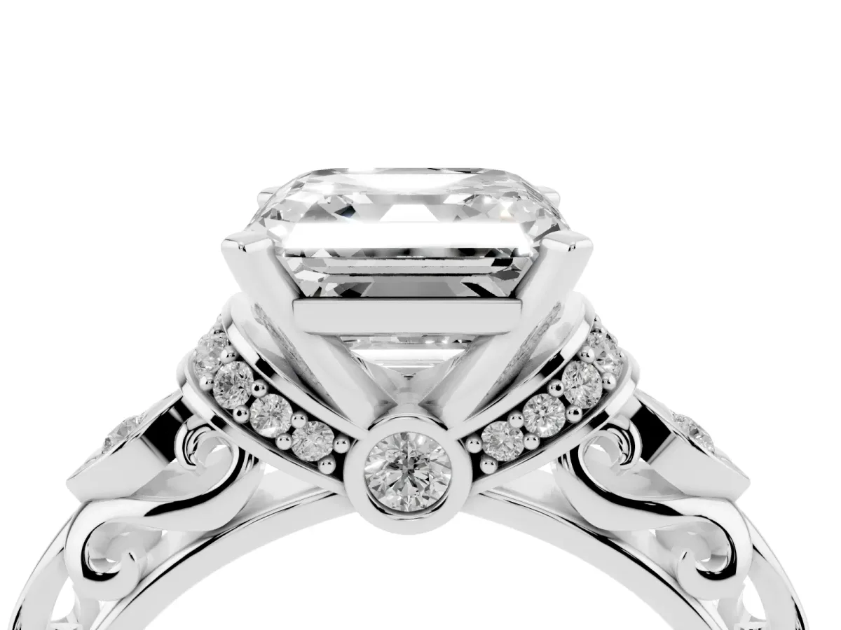 Asscher Cut Diamond Solitaire Ring with Filigree Band and Four-Prong Setting Silver