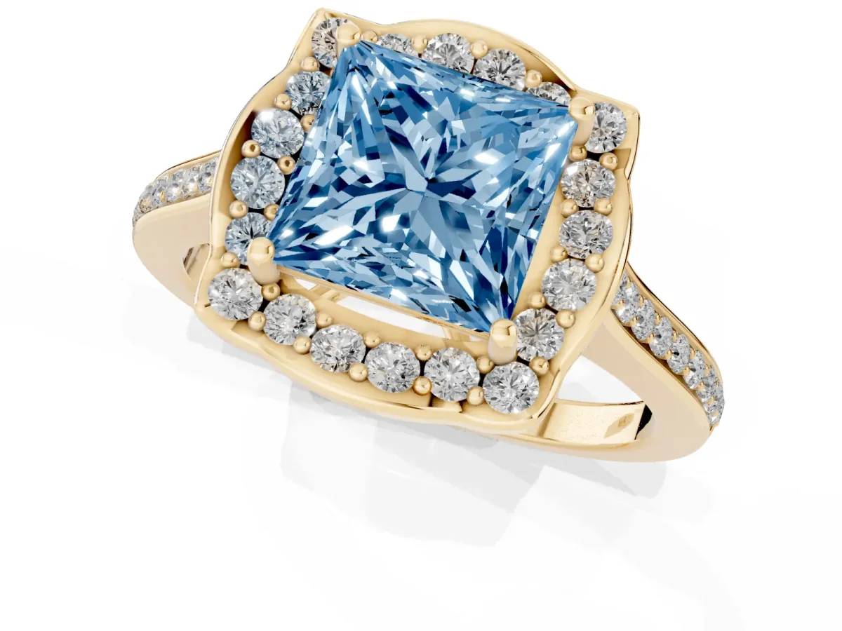 Fancy Blue Princess Cut Halo Round Diamond Pave Band with Four-Prong Setting Yellow gold