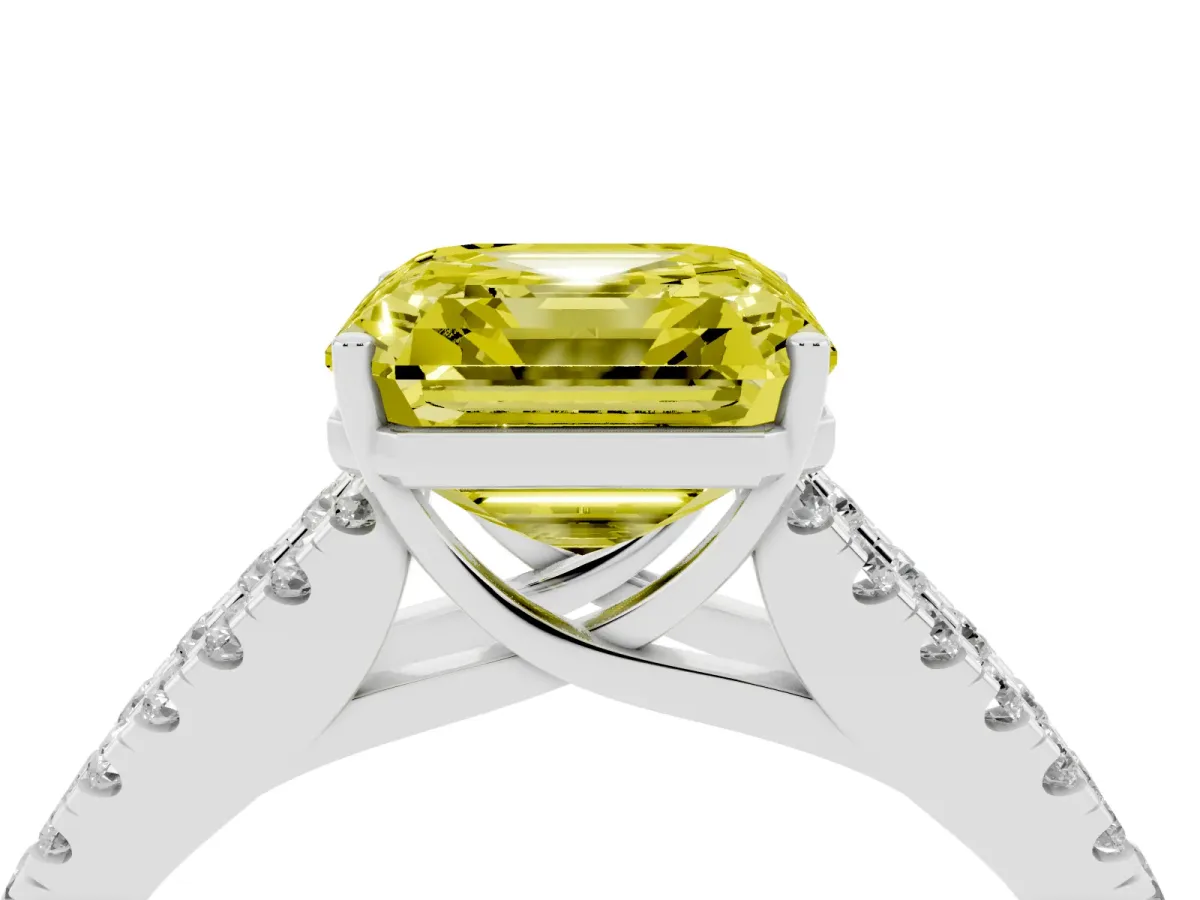 Fancy Yellow Asscher Cut Diamond Split Shank Pavé Engagement Ring with Four-Prong Setting Silver