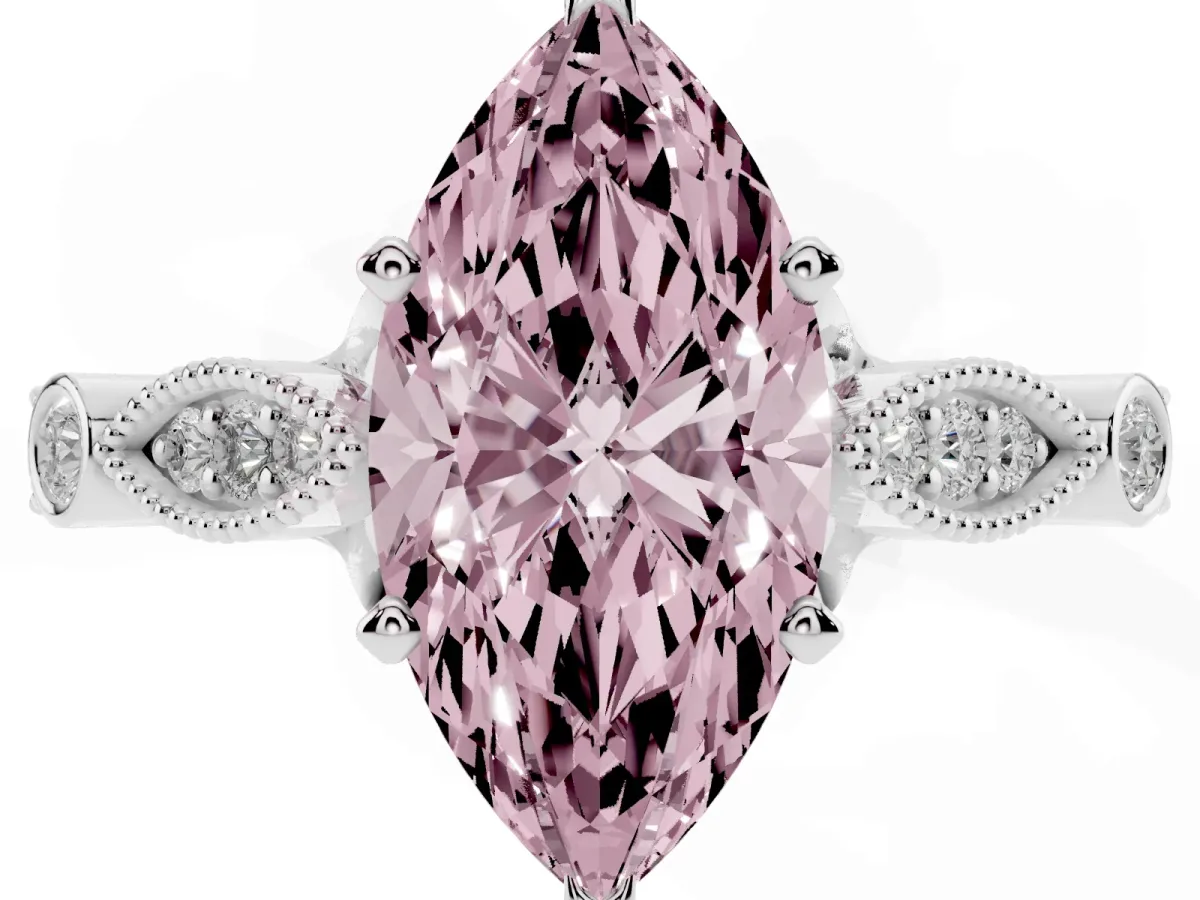 Fancy Pink Marquise Cut Cut Diamond with Milgrain Marquise and Bezel Accents on a Solitaire Band with Prong Setting Silver