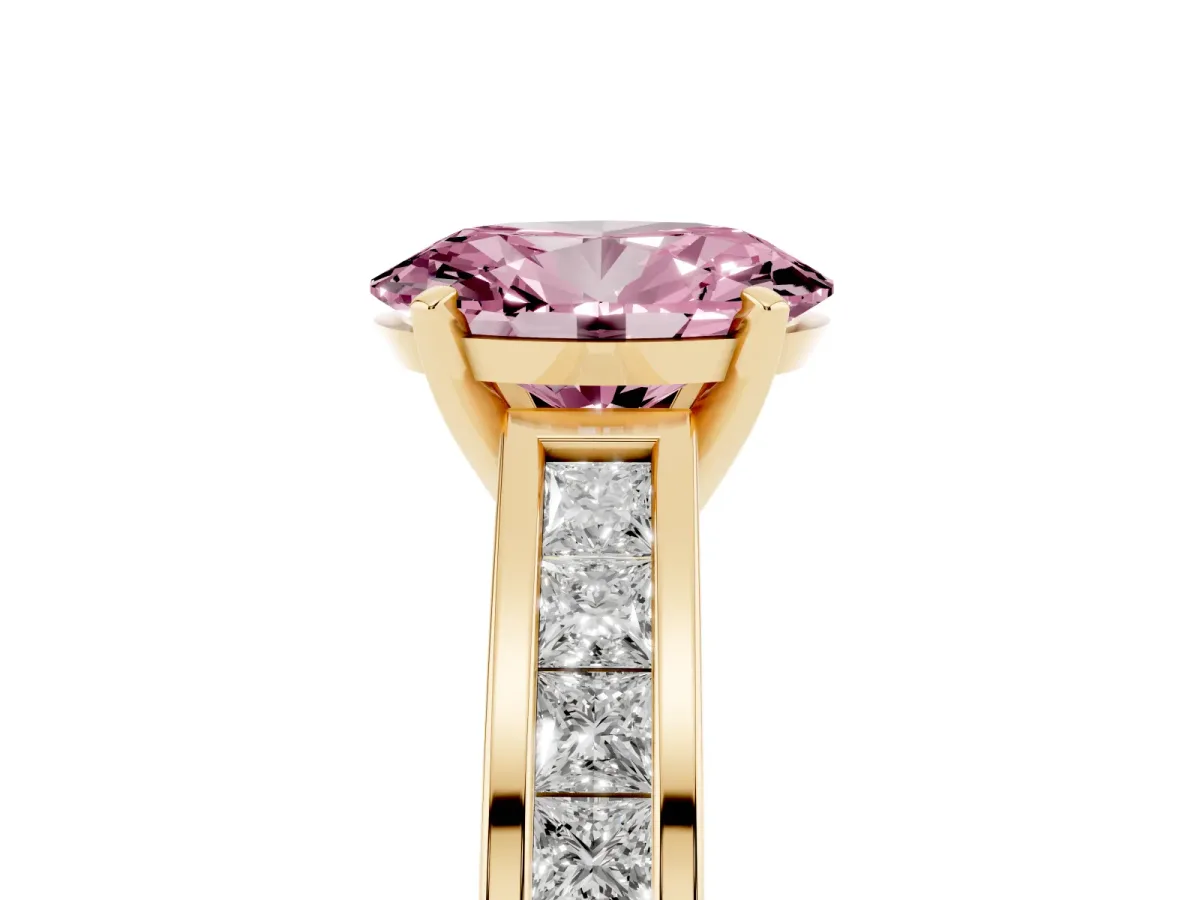 Fancy Pink Oval Cut Solitaire Diamond Ring with Channel-Set Band and Four-Prong Setting Yellow gold