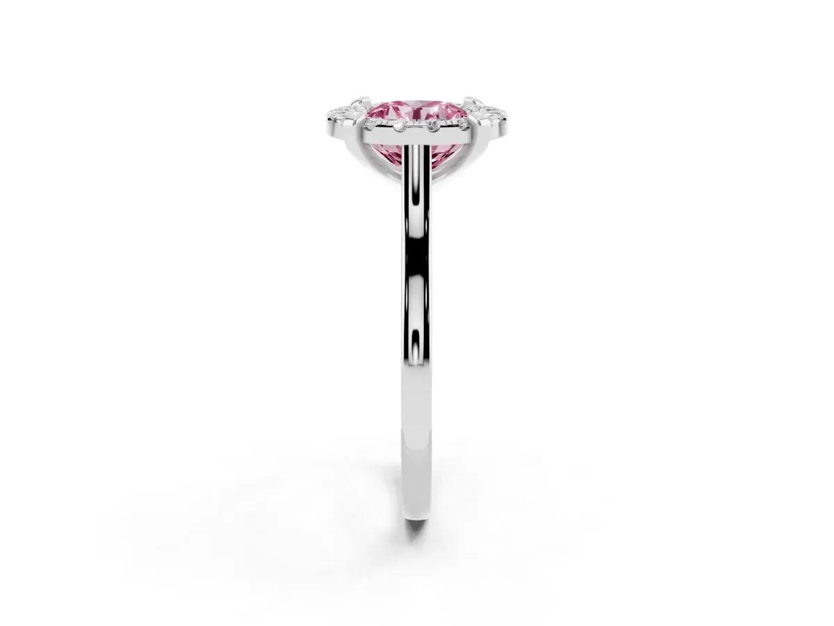 Fancy Pink Round Cut Diamond Cluster Halo Solitaire with Four-Prong Setting Platinum