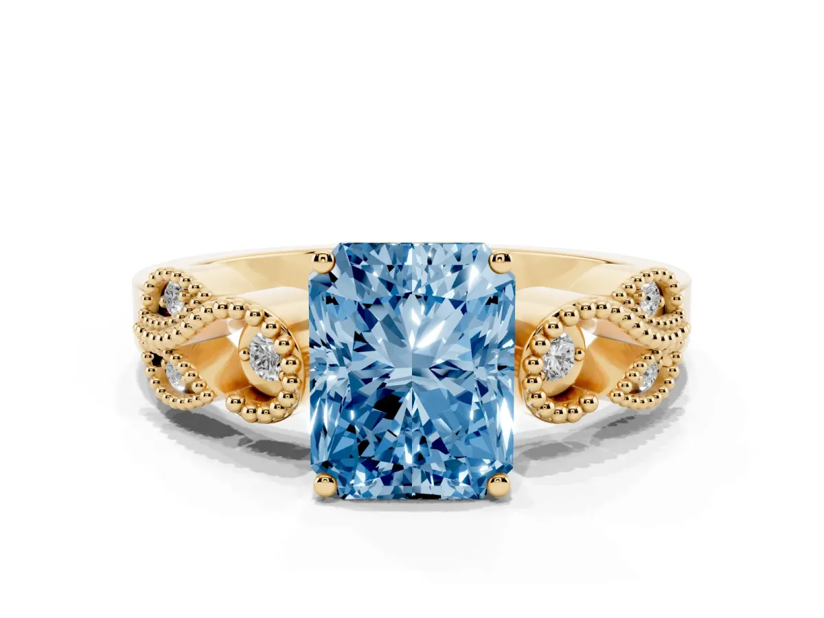Fancy Blue Princess Cut Solitaire Milgrain Leaf Band with Prong Setting Yellow gold