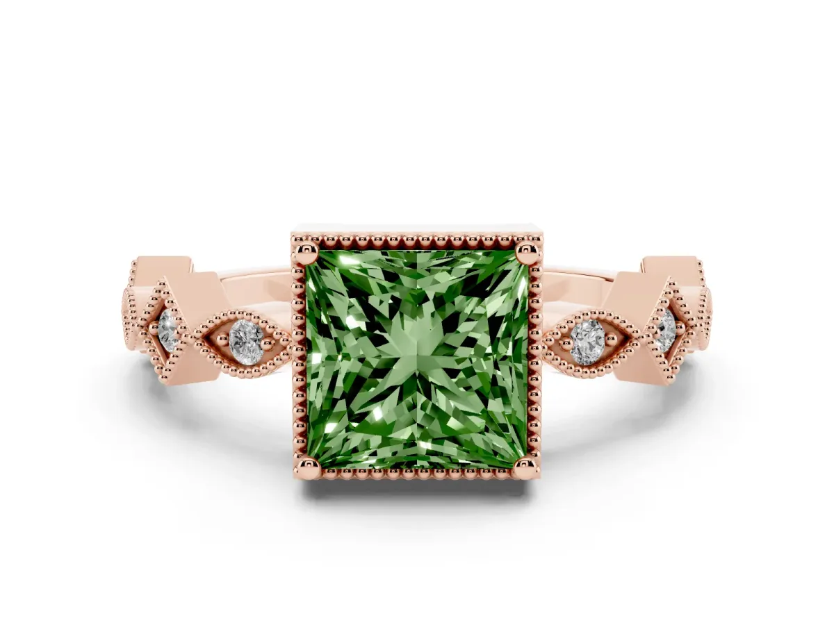 Fancy Green Princess Cut Milgrain Marquise Diamond Twist Band Ring Rose gold