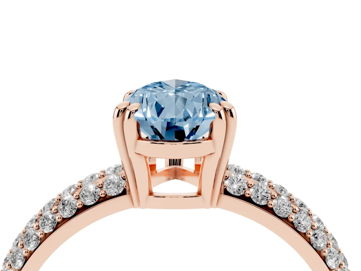 Fancy Blue Pear Cut Diamond Solitaire Ring with Multi-Row Round Pavé Band and Prong Setting Rose gold