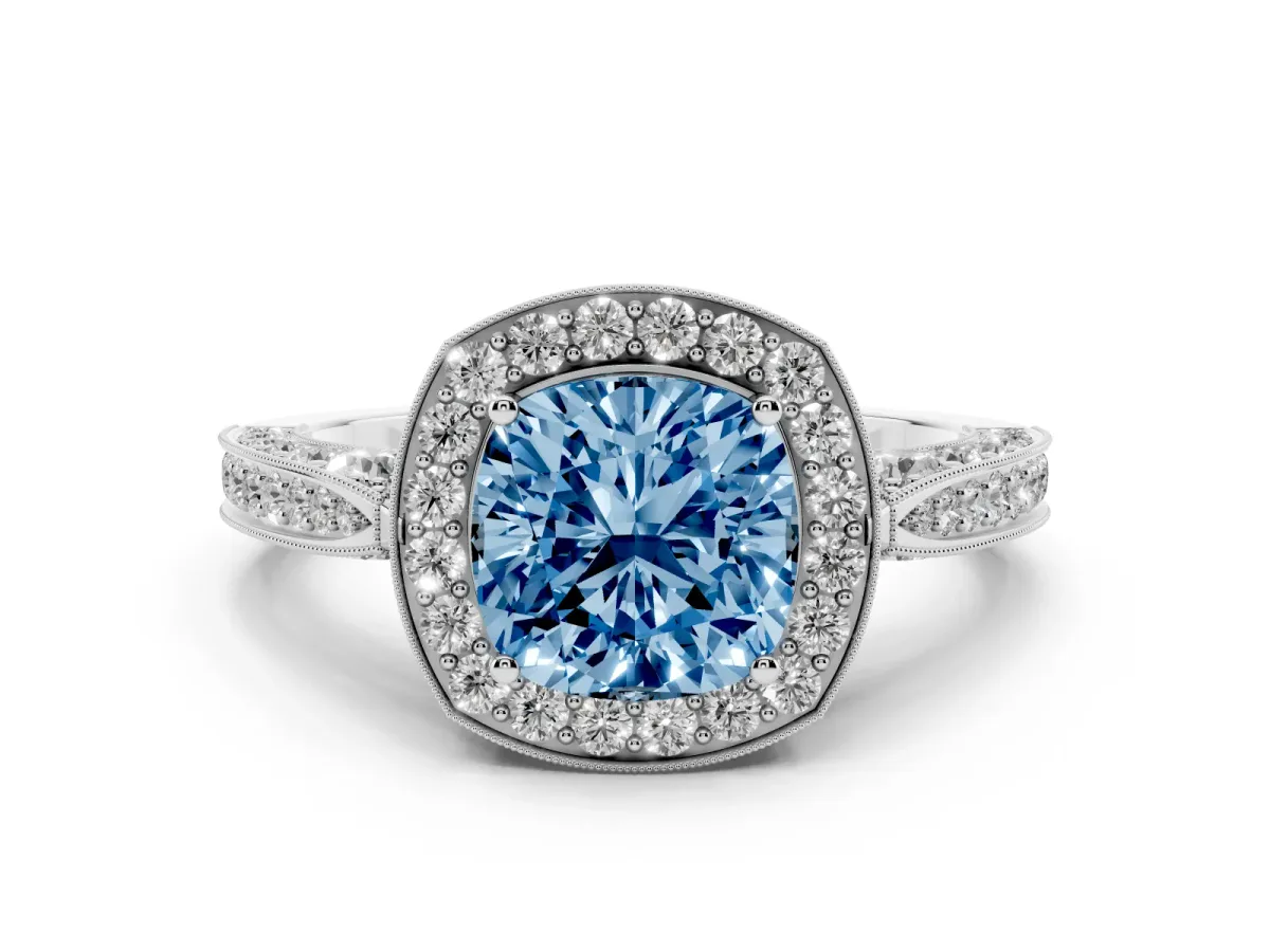 Fancy Blue Cushion Cut Halo Diamond Engagement Ring with Split Shank Band and Four-Prong Setting Silver
