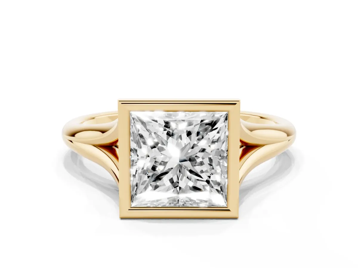 Bezel Set Princess Cut Cut Solitaire Ring with Tapered Band Yellow gold
