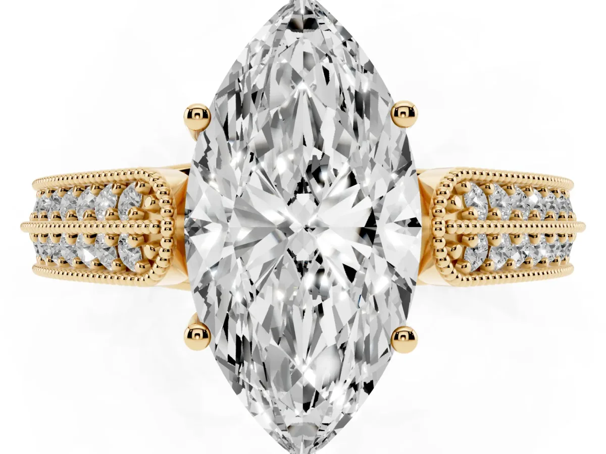 Marquise Cut Cut Pave Split Shank Engagement Ring with Four-Prong Setting Yellow gold