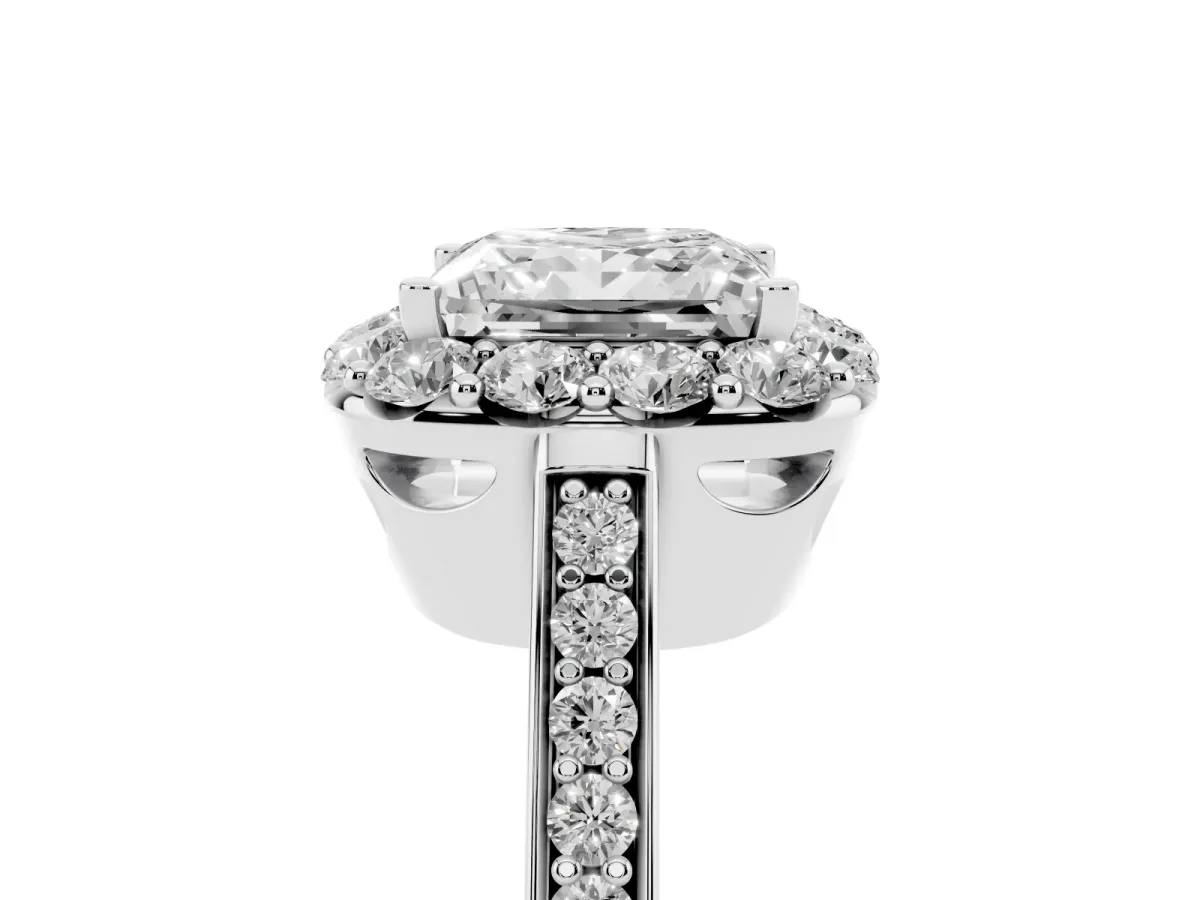 Princess Cut Diamond Floral Halo Ring with Pavé Band and Prong Setting Silver