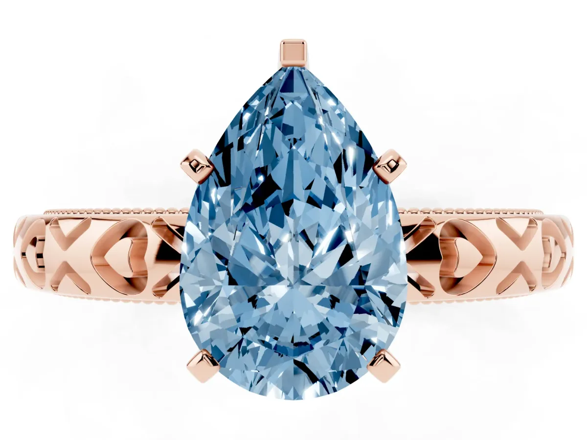 Fancy Blue Pear Cut Solitaire Diamond Engagement Ring with XO Engraved Band and Four-Prong Setting Rose gold