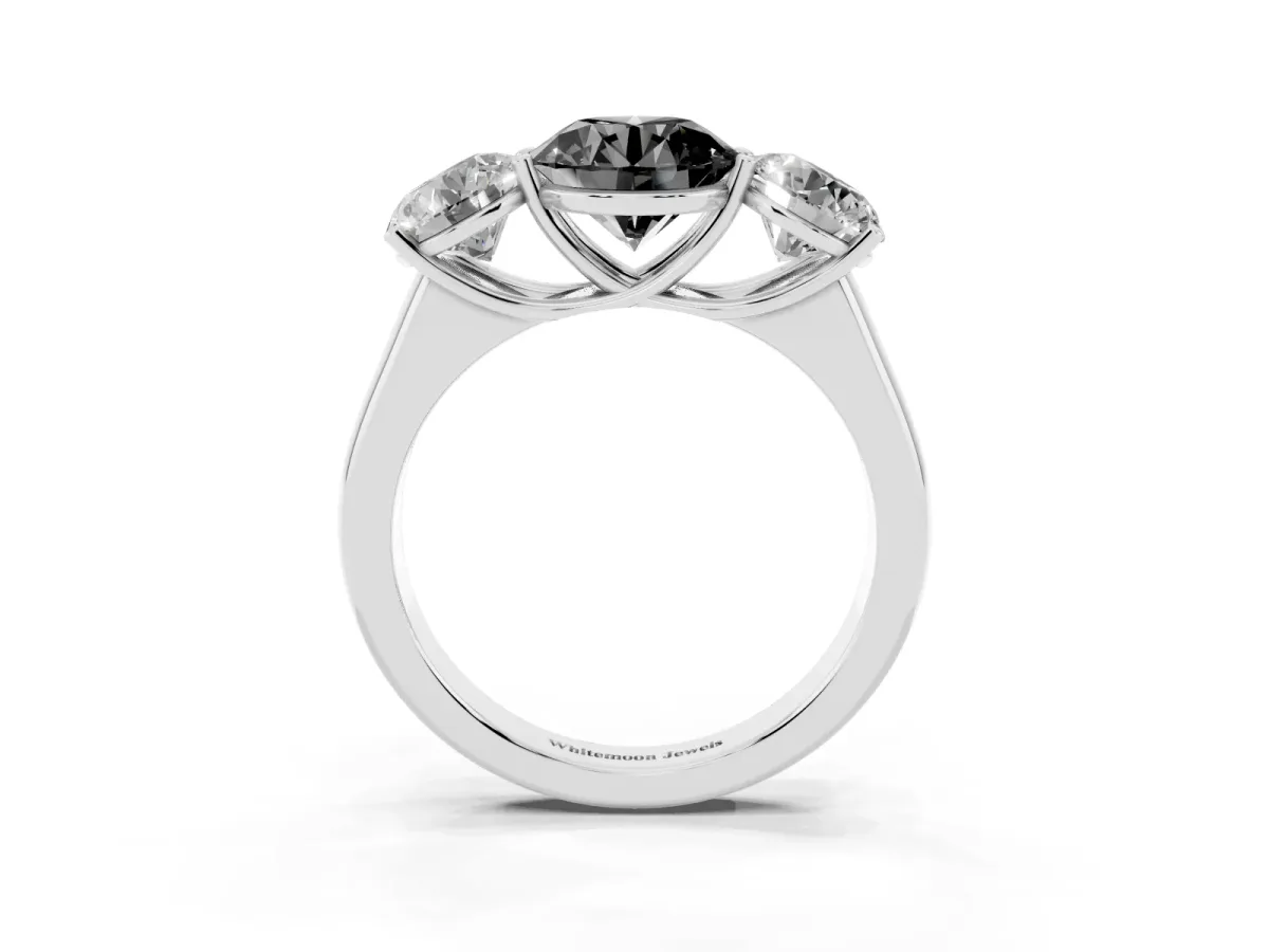 Fancy Black Round Cut Three-Stone Diamond Ring with Prong Setting on a Classic Band Platinum
