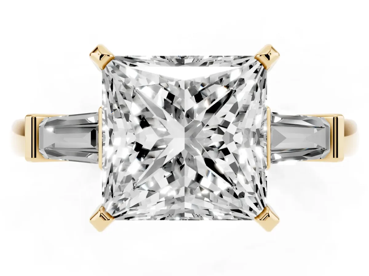 Princess Cut Cut Diamond Solitaire Ring with Tapered Baguette Accents and Four-Prong Setting Yellow gold
