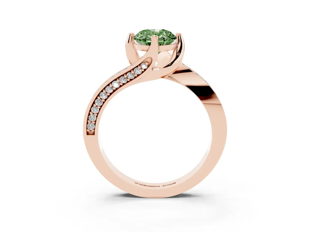 Fancy Green Oval Cut Solitaire Diamond Twist Band with Pavé Setting and Four-Prong Setting Rose gold