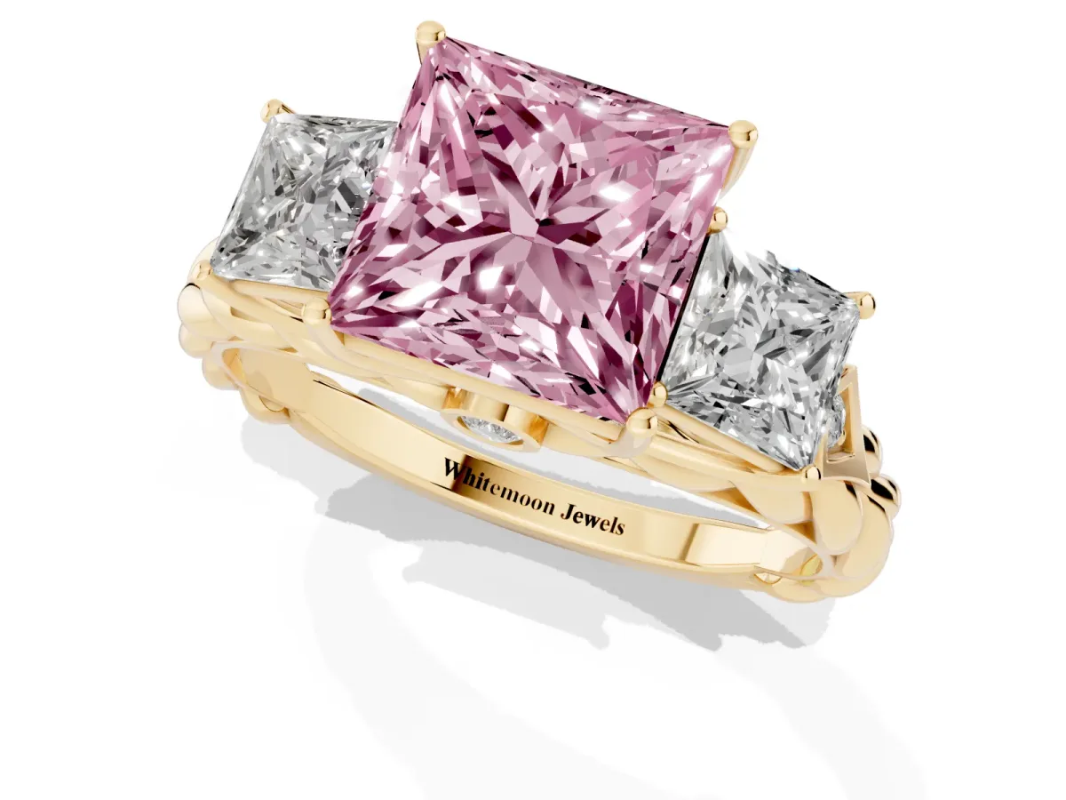 Fancy Pink Three-Stone Princess Cut Diamond Braided Band Ring with Four-Prong Setting Yellow gold