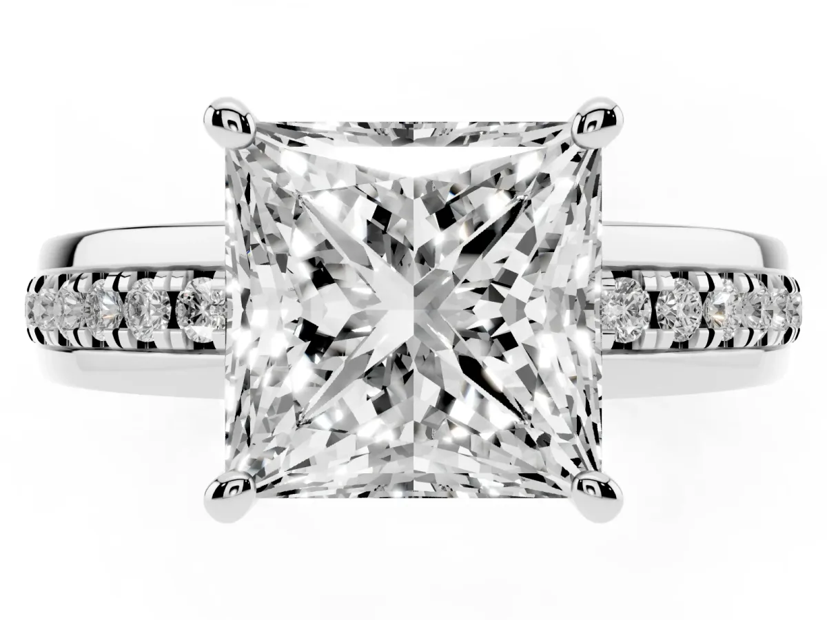 Princess Cut Solitaire Diamond Ring with Channel Set Band and Six-Prong Setting Silver