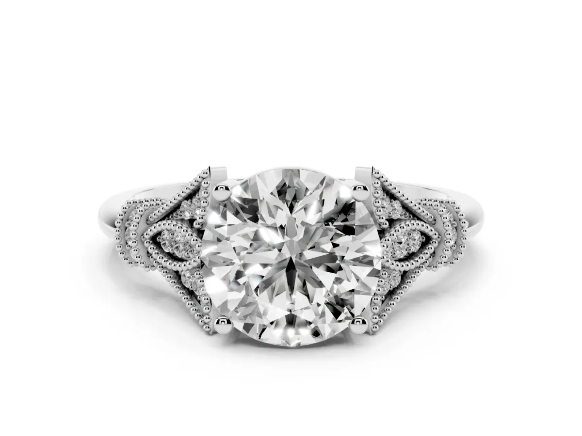 Round Cut Diamond Solitaire Ring with Floral Filigree and Pave Accents White gold