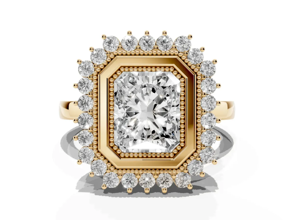 Radiant Cut Halo Diamond Ring with Milgrain Edge and Round Prong Setting Yellow gold