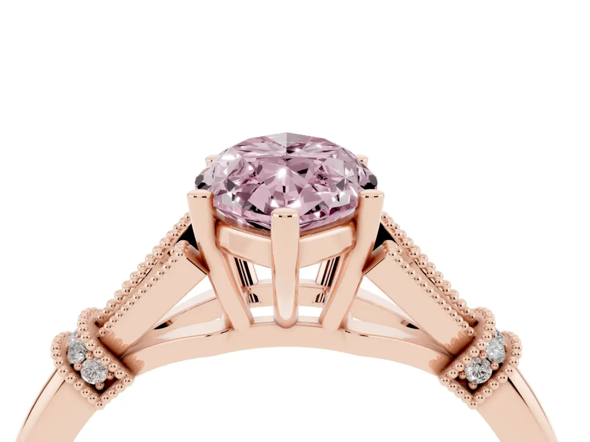 Fancy Pink Marquise Cut Diamond Solitaire Ring with Floral Filigree and Pave Accents Rose gold