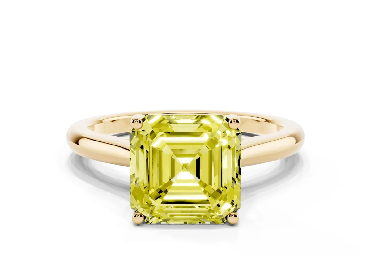 Fancy Yellow Asscher Cut Cut Solitaire Ring with Cathedral Band and Four-Prong Setting Yellow gold