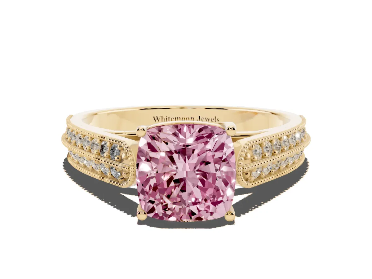 Fancy Pink Cushion Cut Cut Pave Split Shank Engagement Ring with Four-Prong Setting Yellow gold