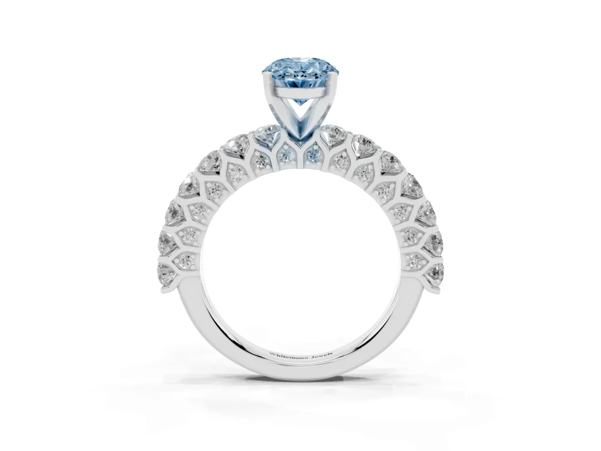 Fancy Blue Oval Cut Diamond Solitaire Ring with Shared Prong Pavé Band and Four-Prong Setting Silver